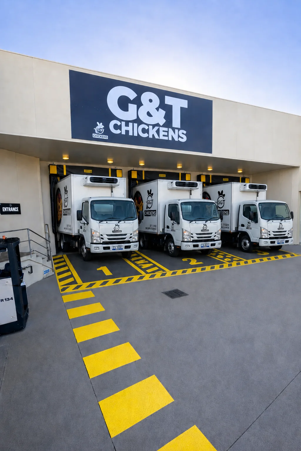 G&T Chickens refrigerated delivery trucks at the loading dock